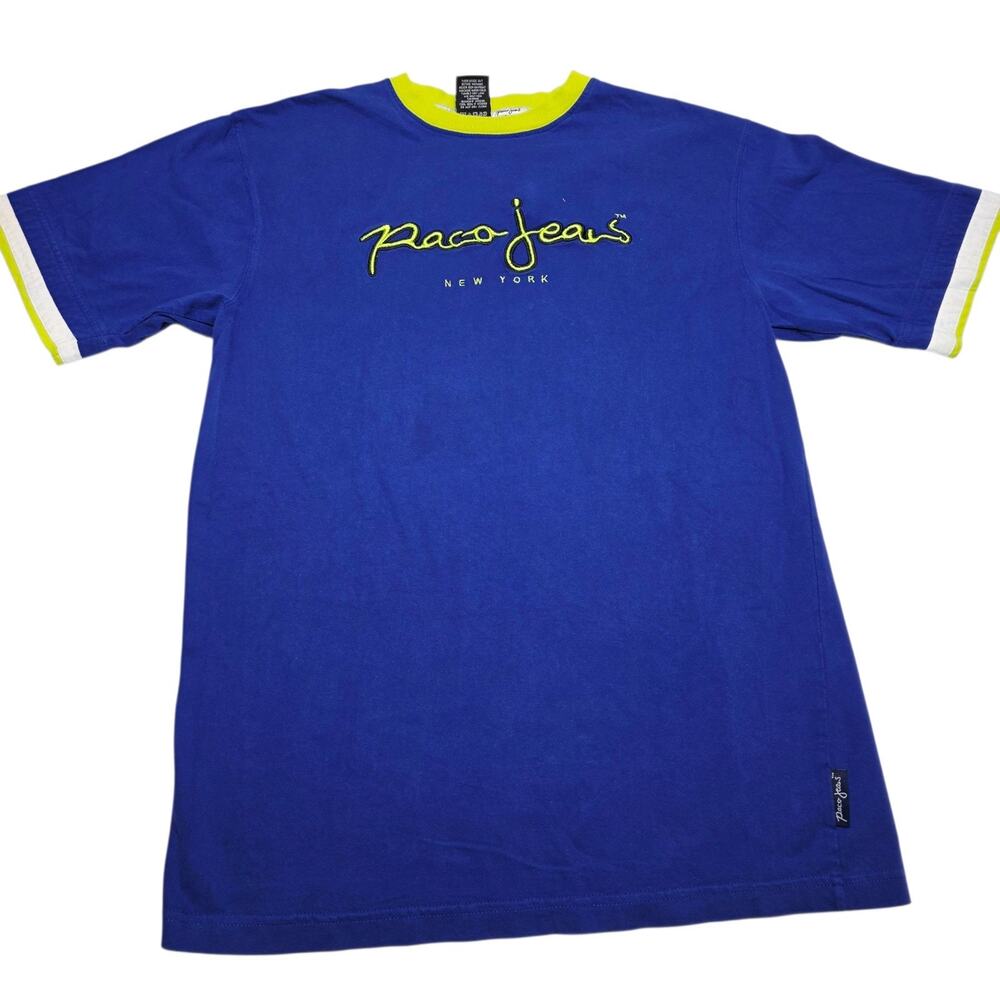 Vintage Paco Jeans New York T-Shirt Mens 90s Spellout Size XL Blue Green